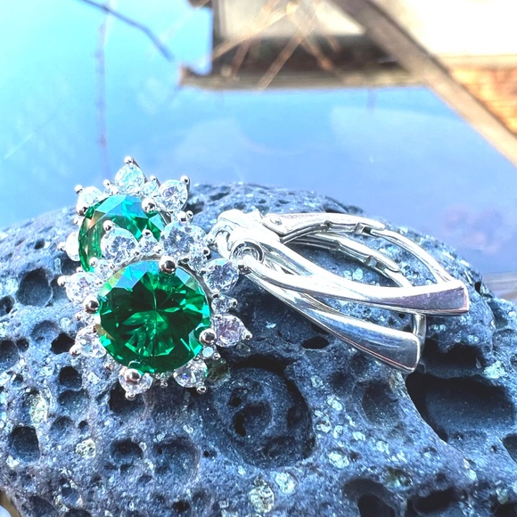 Halo Emerald Earrings Sterling Silver 925 , May Birthstone - Picture 4 of 11